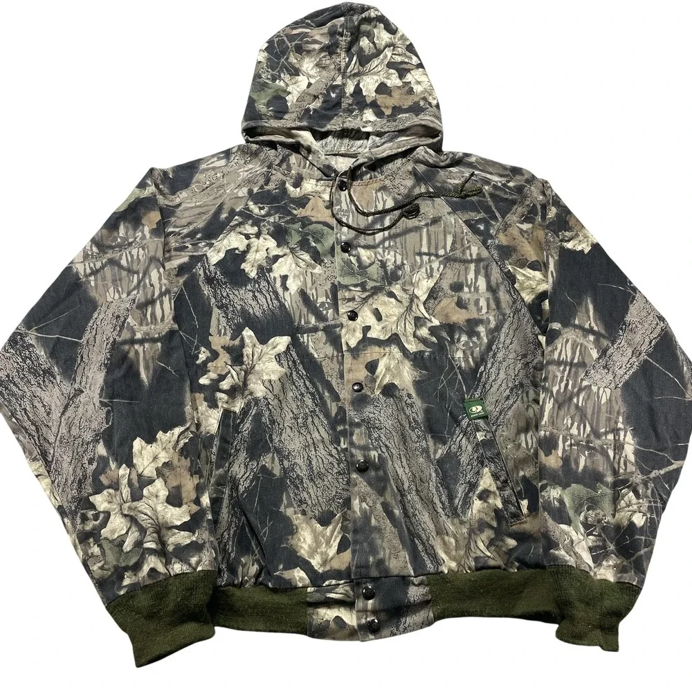 Vintage Mossy Oak Jacket Mens 2XL Brown Camo Hooded Snap Bomber Hunting Outdoor